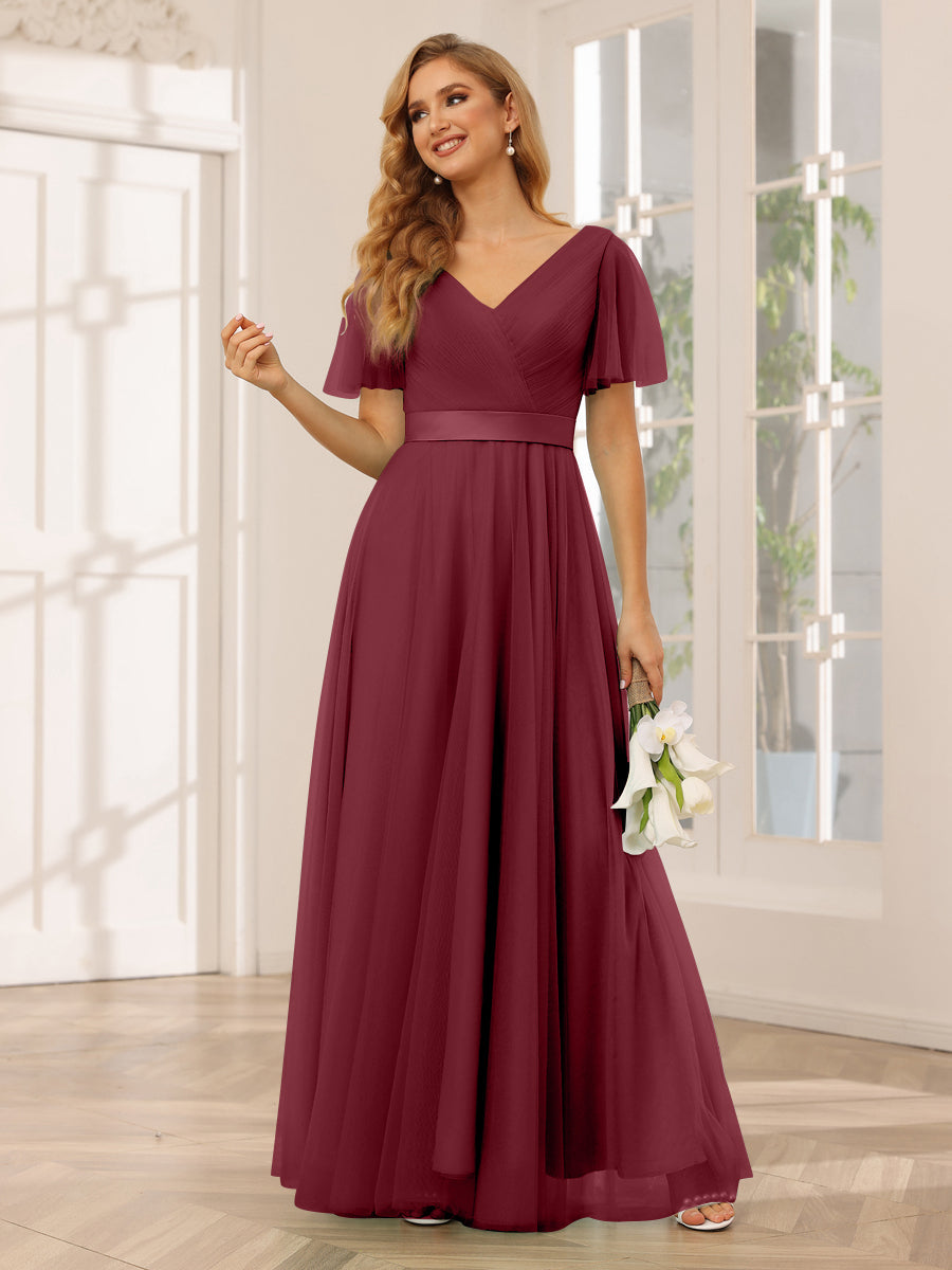 A-Line/Princess Tulle Long Bridesmaid Dresses with Sleeves Light Burgundy