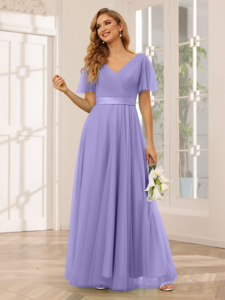 A-Line/Princess Tulle Long Bridesmaid Dresses with Sleeves Light Purple