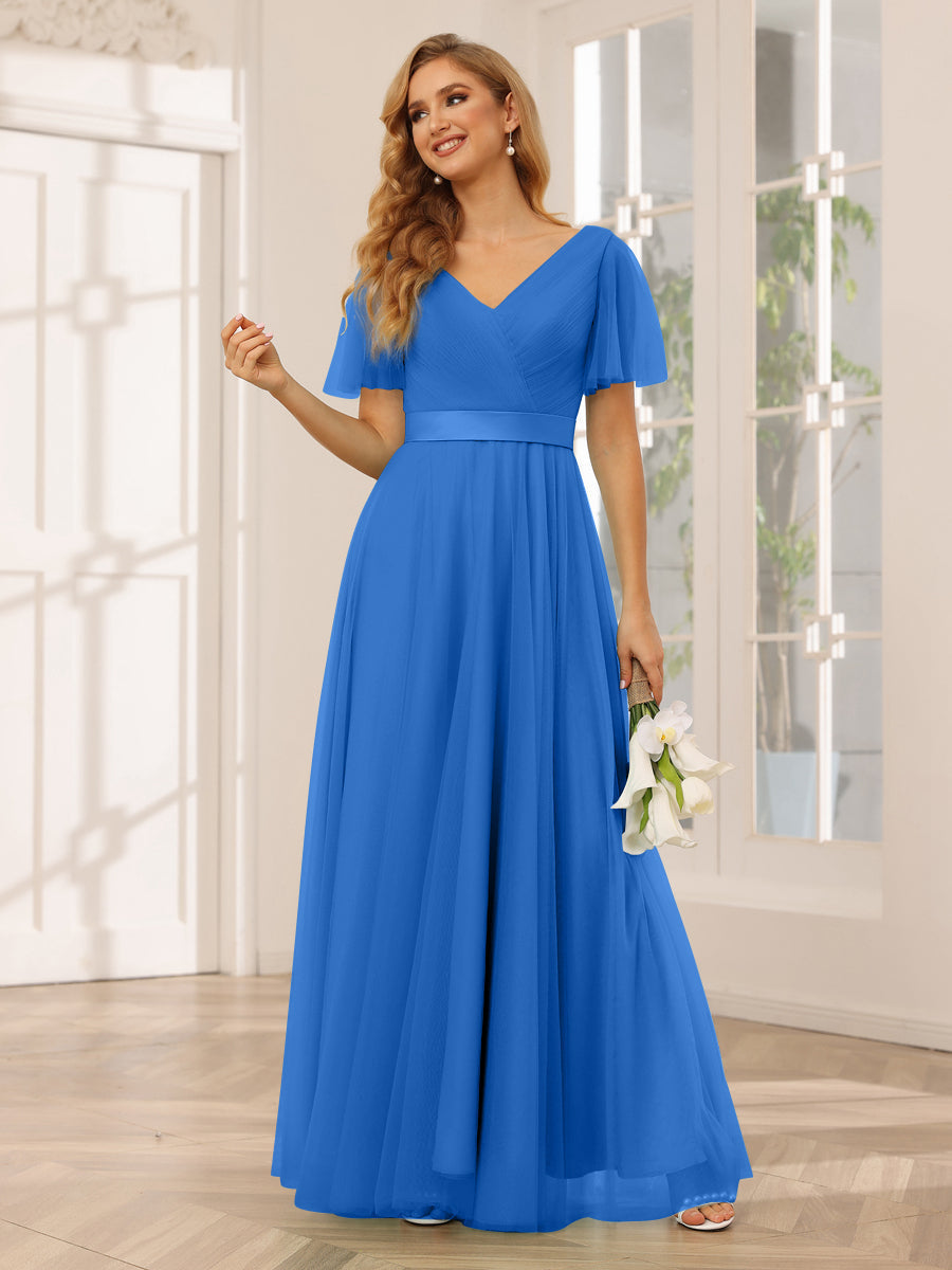 A-Line/Princess Tulle Long Bridesmaid Dresses with Sleeves Light Royal Blue