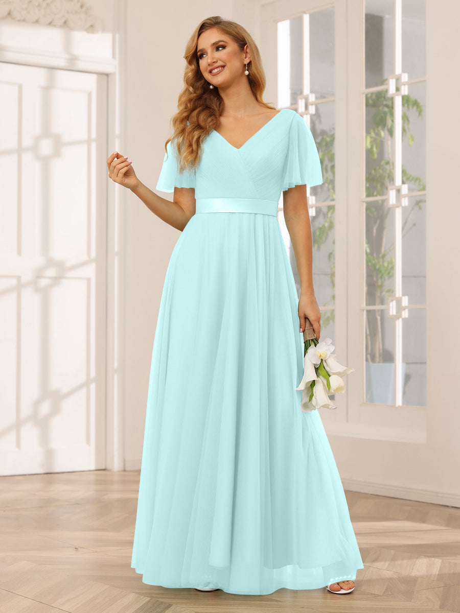 A-Line/Princess Tulle Long Bridesmaid Dresses with Sleeves Light Sky Blue