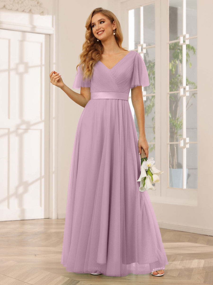 A-Line/Princess Tulle Long Bridesmaid Dresses with Sleeves Mauve