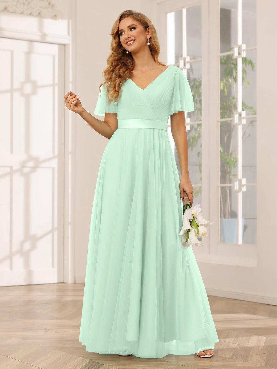 A-Line/Princess Tulle Long Bridesmaid Dresses with Sleeves Mint Green