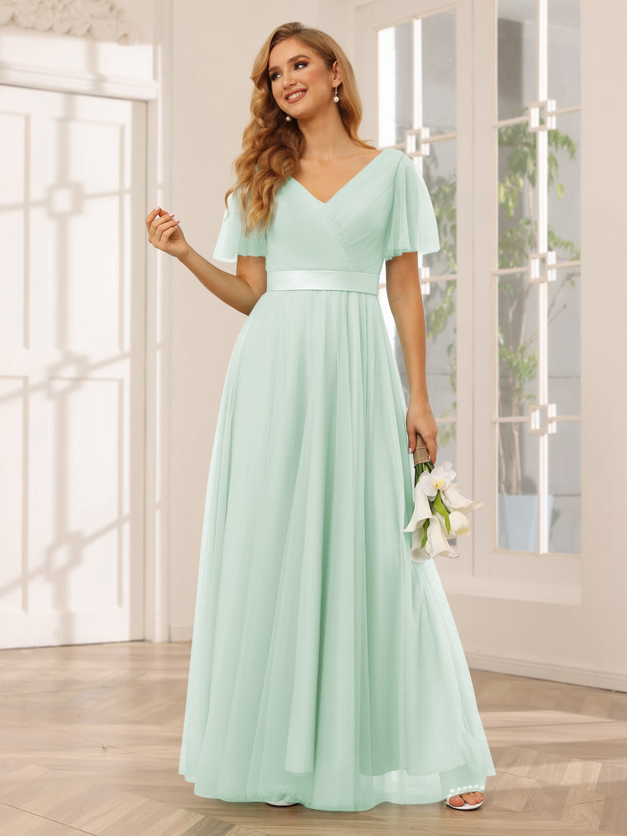 A-Line/Princess Tulle Long Bridesmaid Dresses with Sleeves Mist Blue