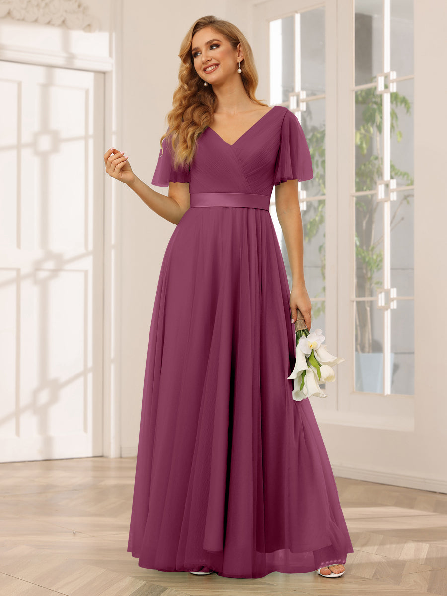 A-Line/Princess Tulle Long Bridesmaid Dresses with Sleeves Mulberry