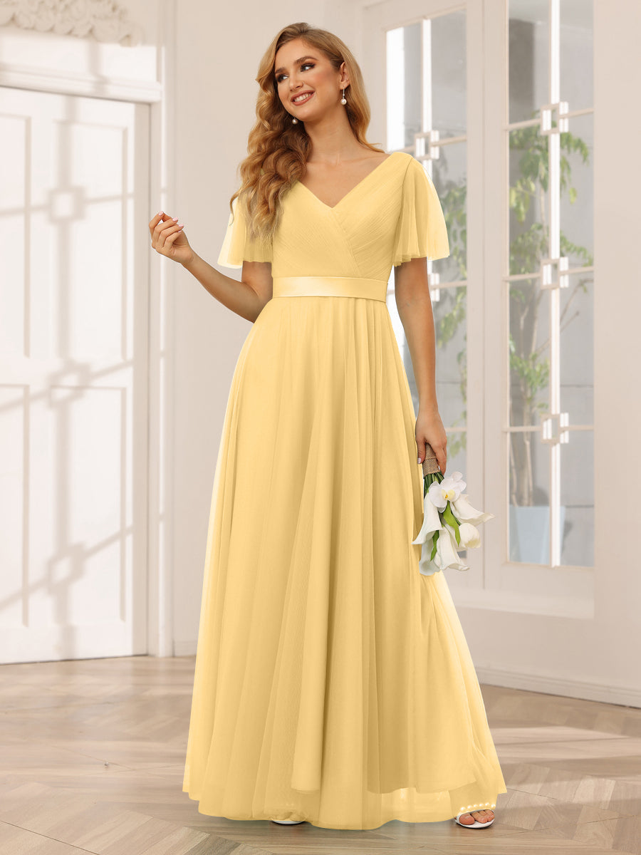 A-Line/Princess Tulle Long Bridesmaid Dresses with Sleeves Mustard Yellow