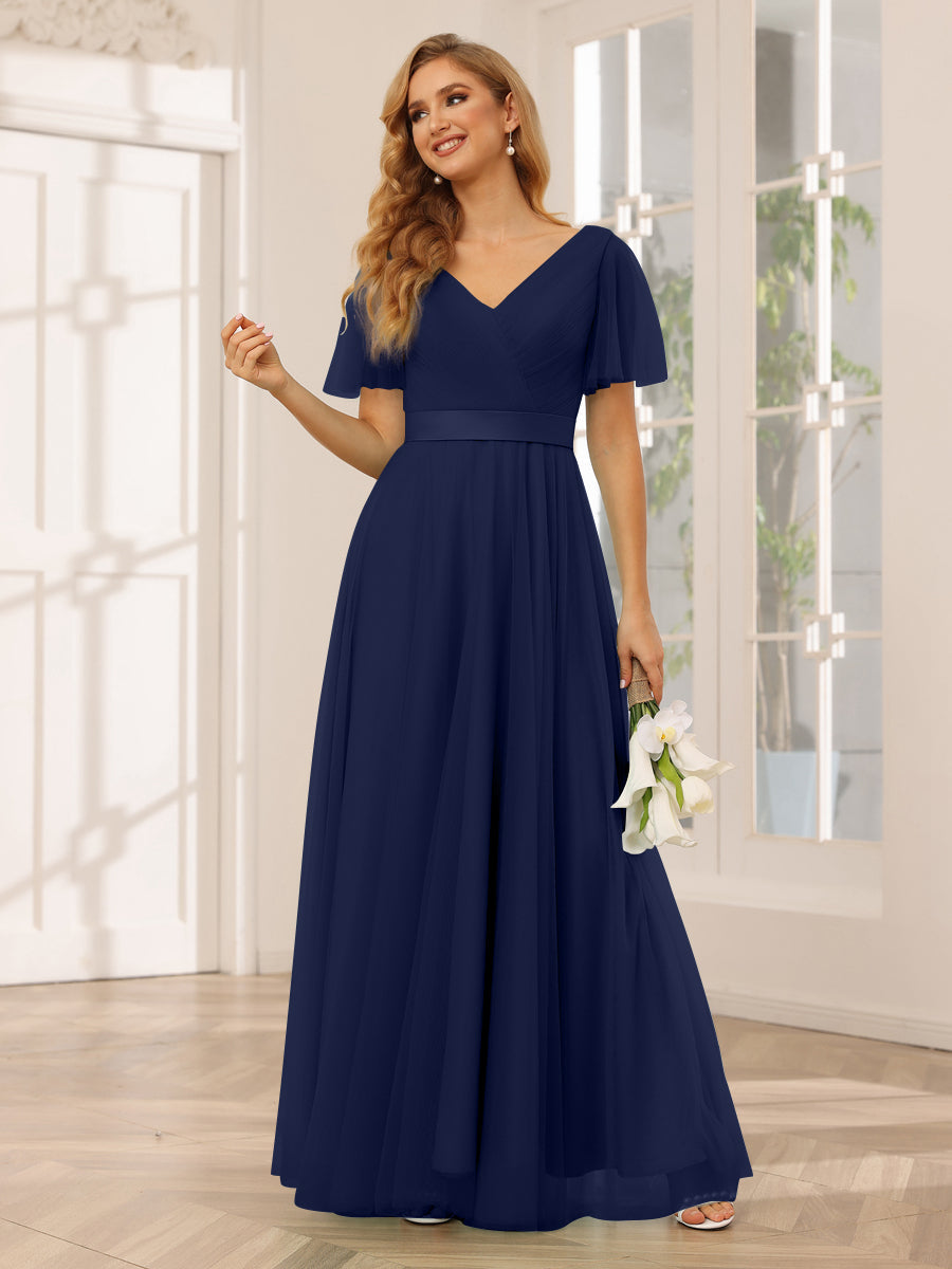 A-Line/Princess Tulle Long Bridesmaid Dresses with Sleeves Navy Blue