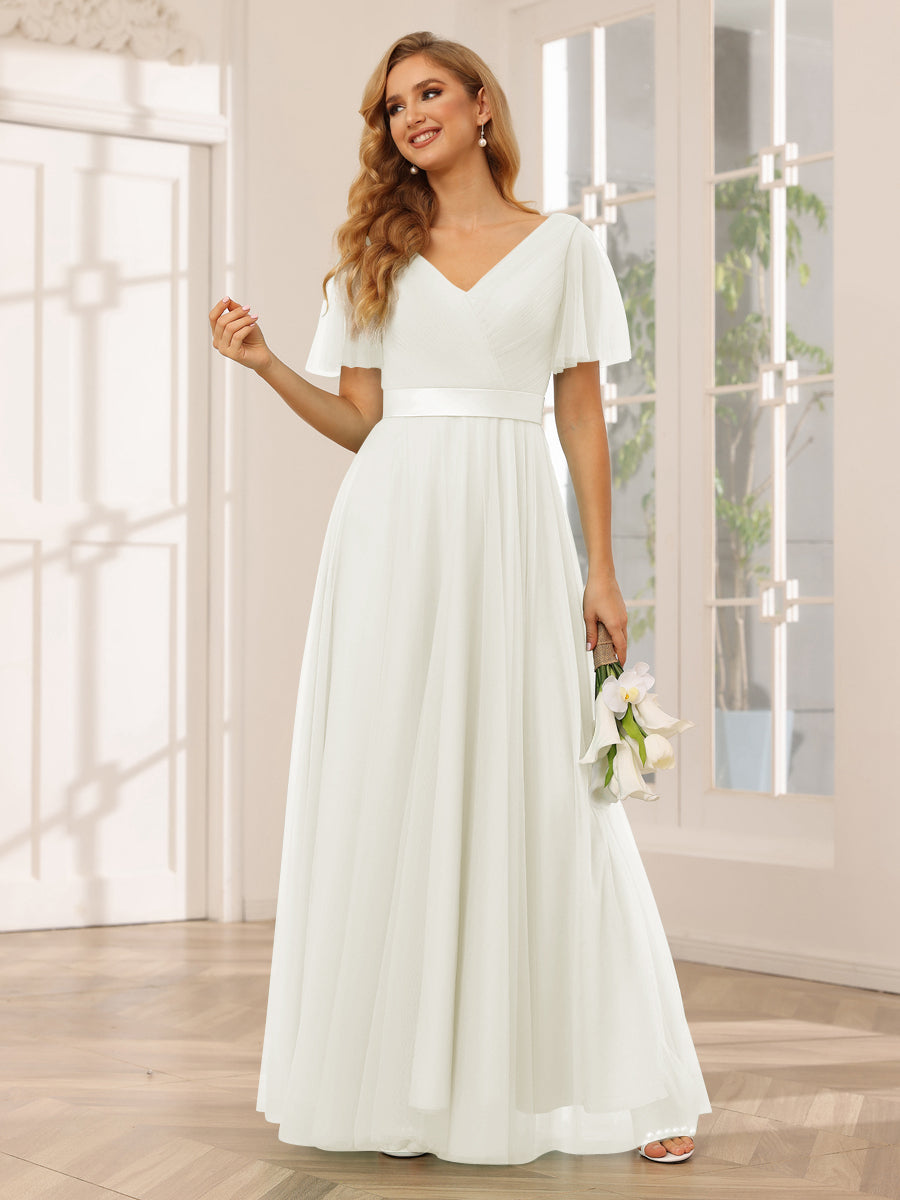 A-Line/Princess Tulle Long Bridesmaid Dresses with Sleeves Off White