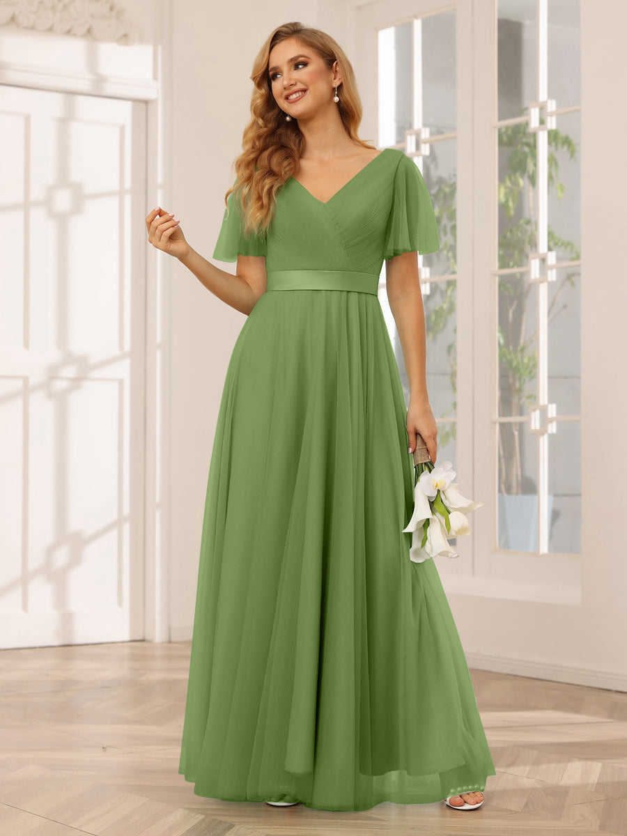 A-Line/Princess Tulle Long Bridesmaid Dresses with Sleeves Olive Green