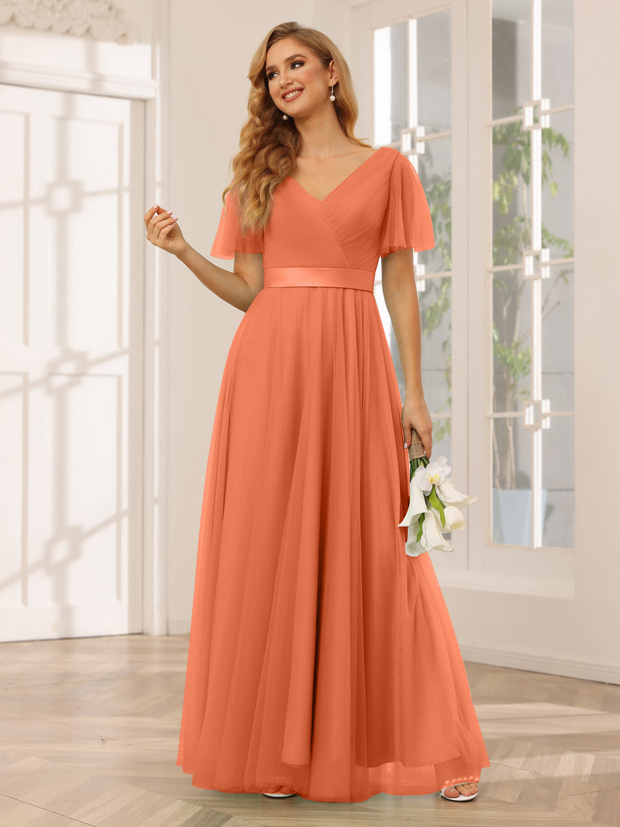 A-Line/Princess Tulle Long Bridesmaid Dresses with Sleeves Orange