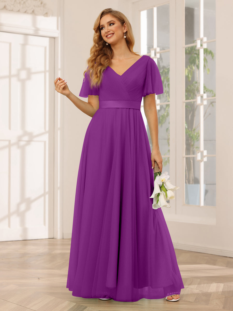 A-Line/Princess Tulle Long Bridesmaid Dresses with Sleeves Orchid