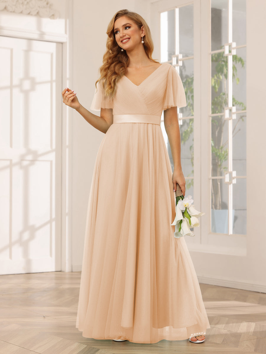 A-Line/Princess Tulle Long Bridesmaid Dresses with Sleeves Peach Pink