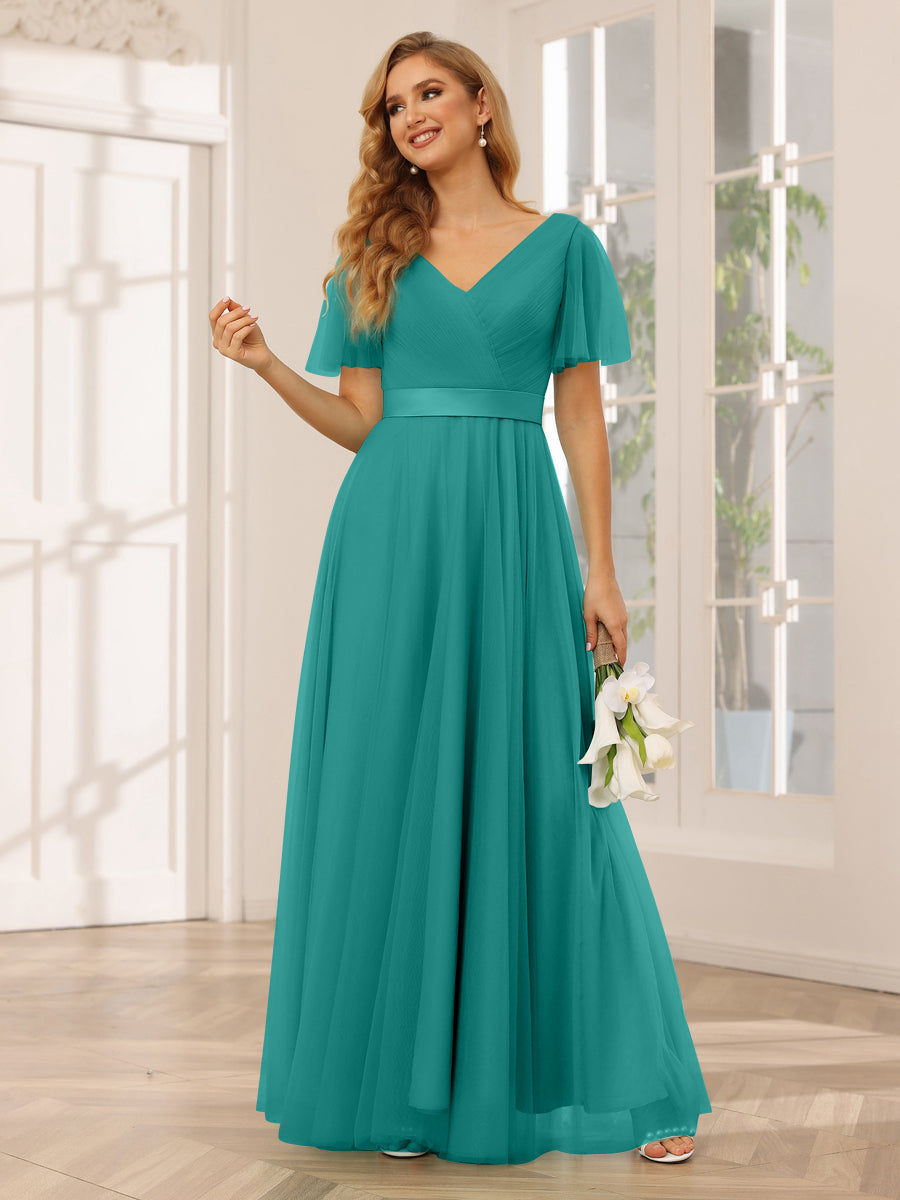 A-Line/Princess Tulle Long Bridesmaid Dresses with Sleeves Peacock