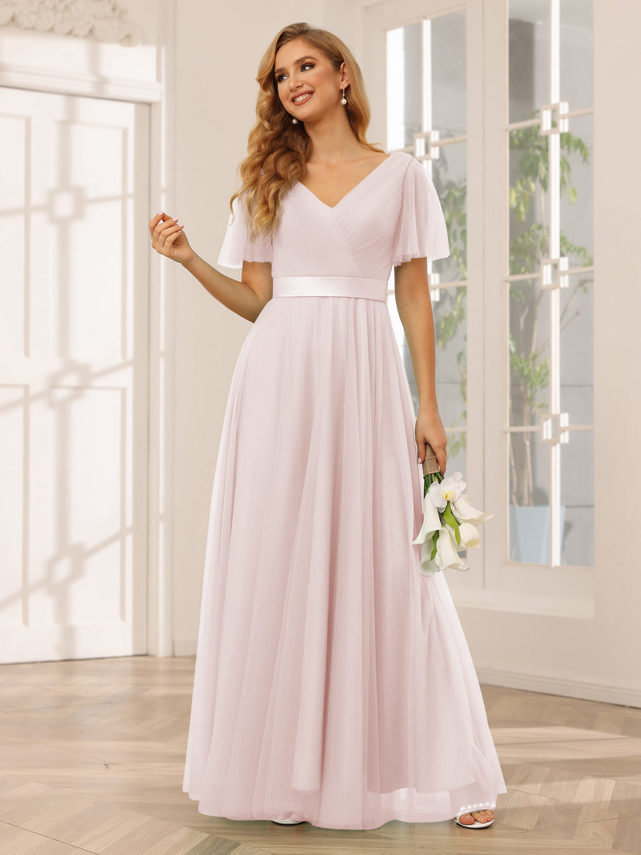 A-Line/Princess Tulle Long Bridesmaid Dresses with Sleeves Pearl Pink