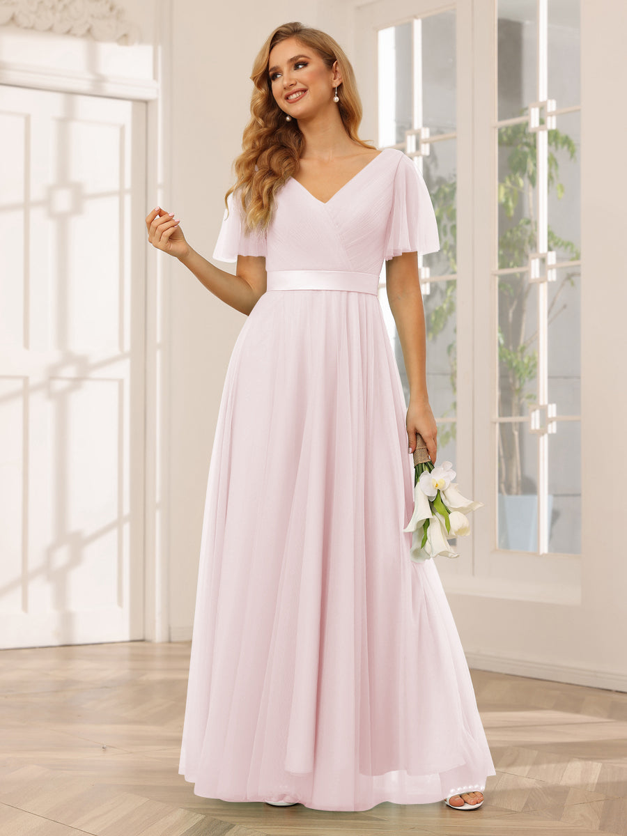 A-Line/Princess Tulle Long Bridesmaid Dresses with Sleeves Pink
