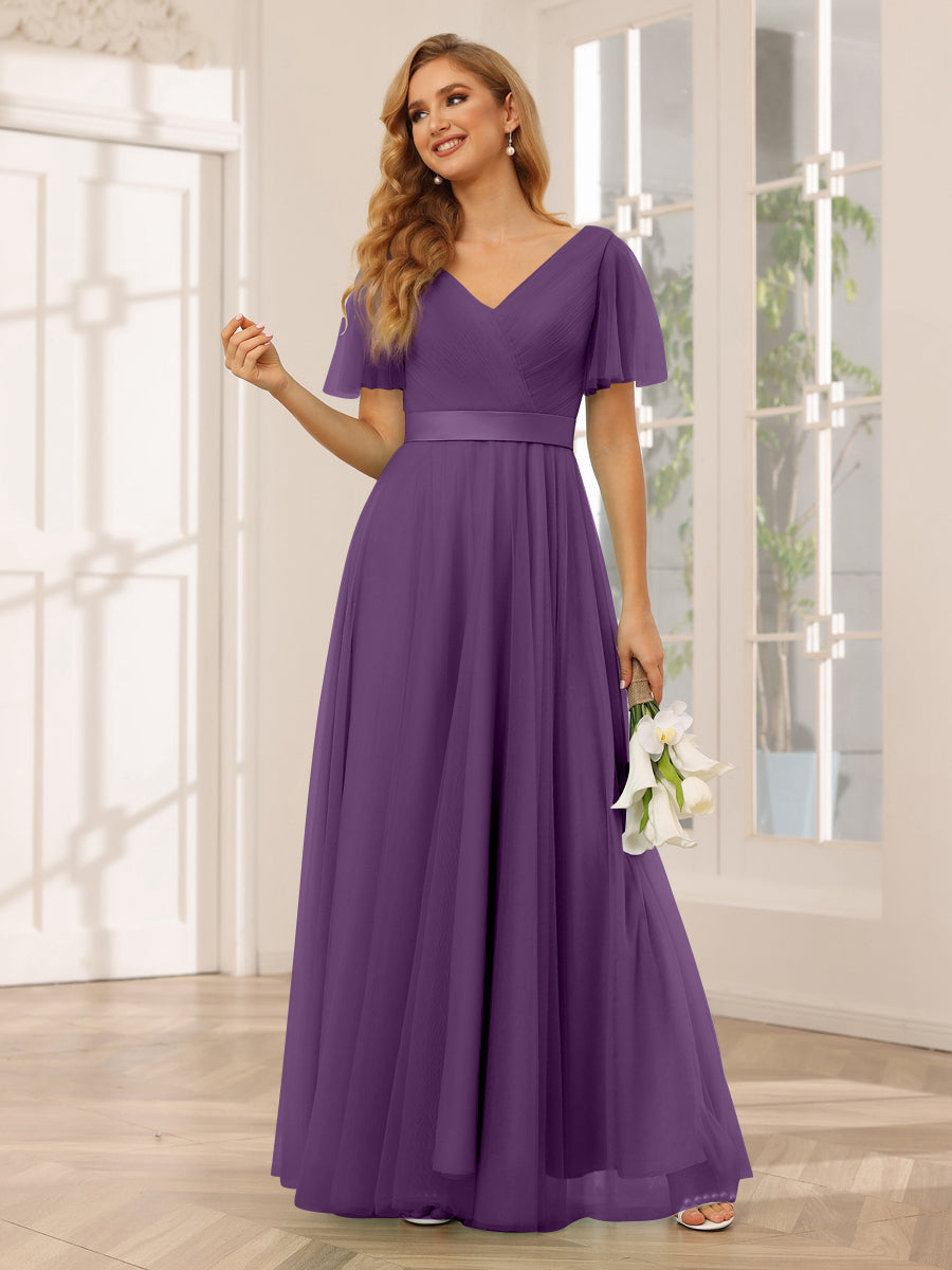 A-Line/Princess Tulle Long Bridesmaid Dresses with Sleeves Plum