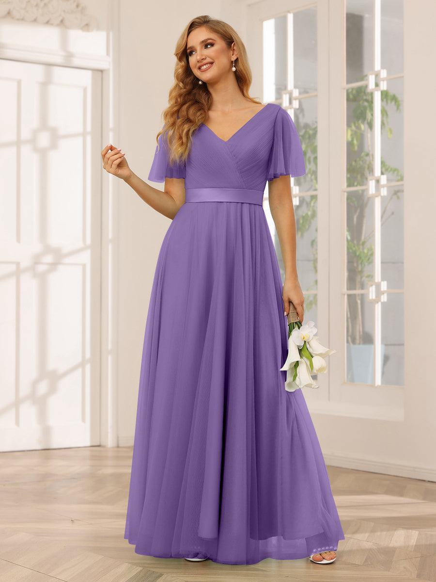 A-Line/Princess Tulle Long Bridesmaid Dresses with Sleeves Purple