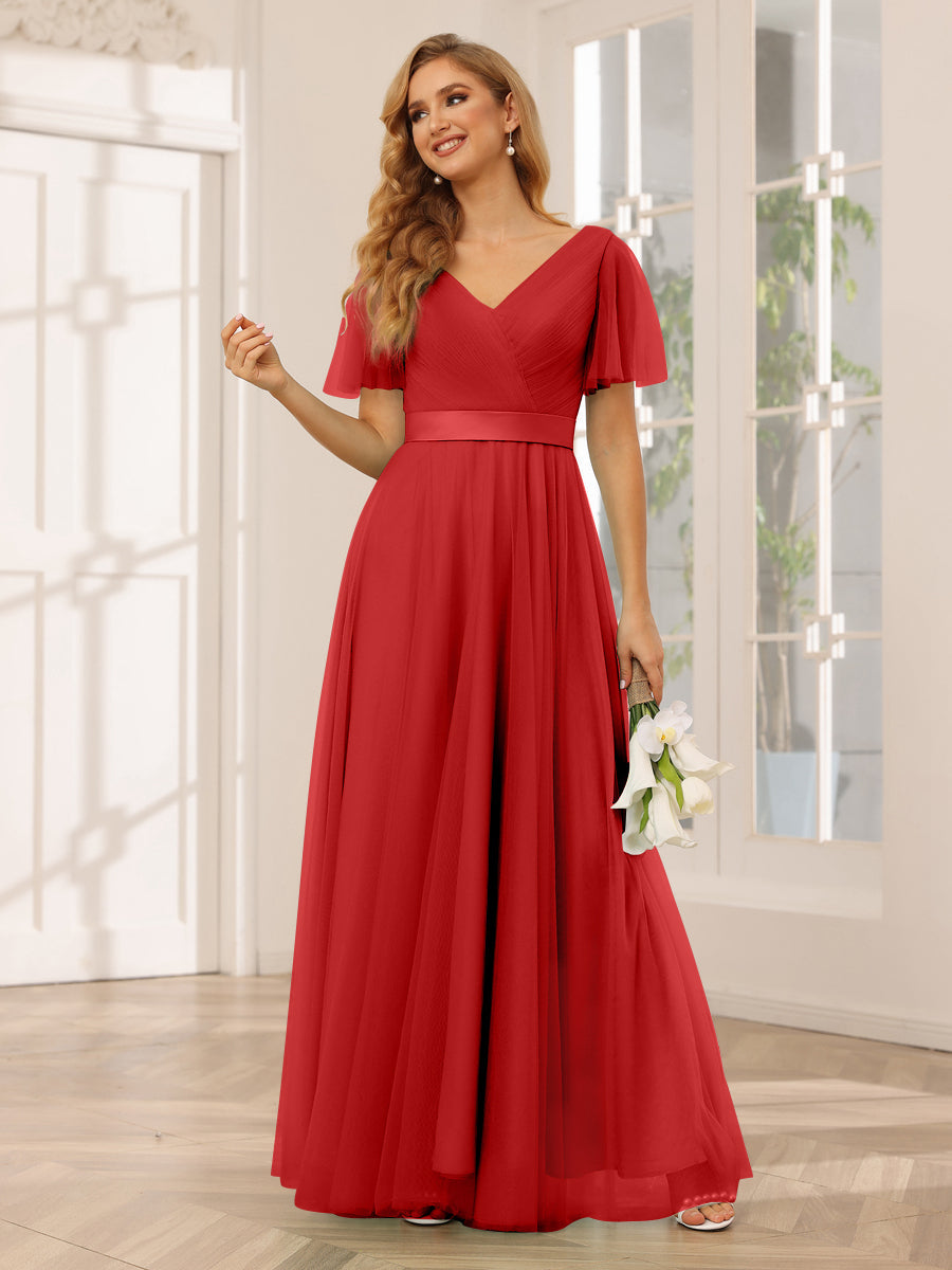 A-Line/Princess Tulle Long Bridesmaid Dresses with Sleeves Red