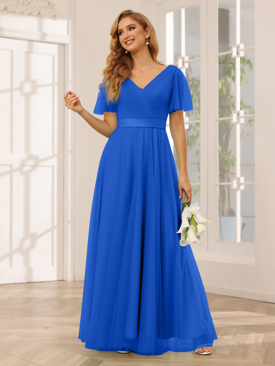 A-Line/Princess Tulle Long Bridesmaid Dresses with Sleeves Royal Blue
