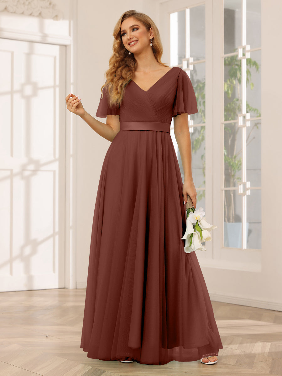A-Line/Princess Tulle Long Bridesmaid Dresses with Sleeves Rust