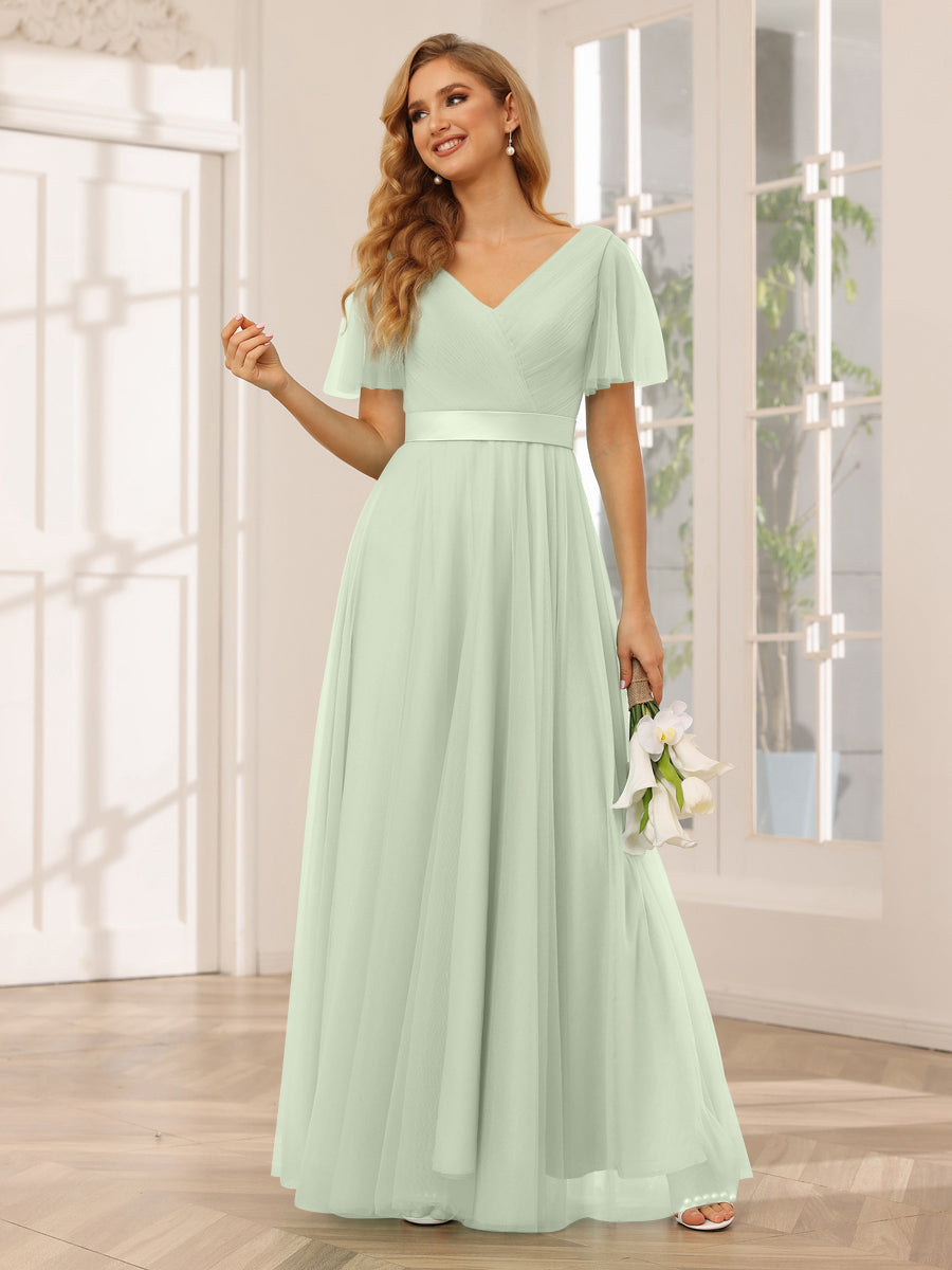 A-Line/Princess Tulle Long Bridesmaid Dresses with Sleeves Sage