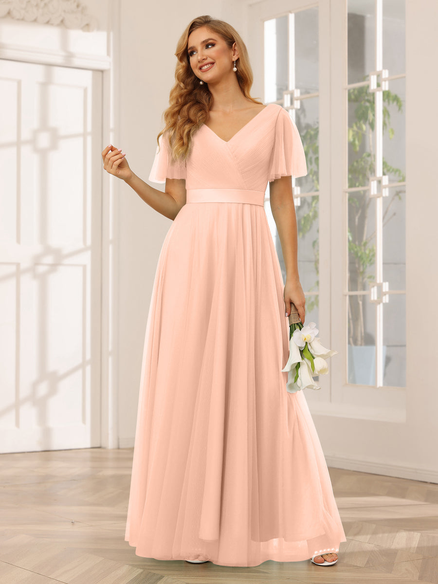 A-Line/Princess Tulle Long Bridesmaid Dresses with Sleeves Salmon