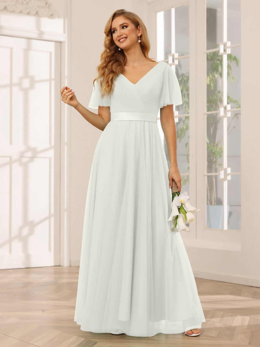 A-Line/Princess Tulle Long Bridesmaid Dresses with Sleeves Silver