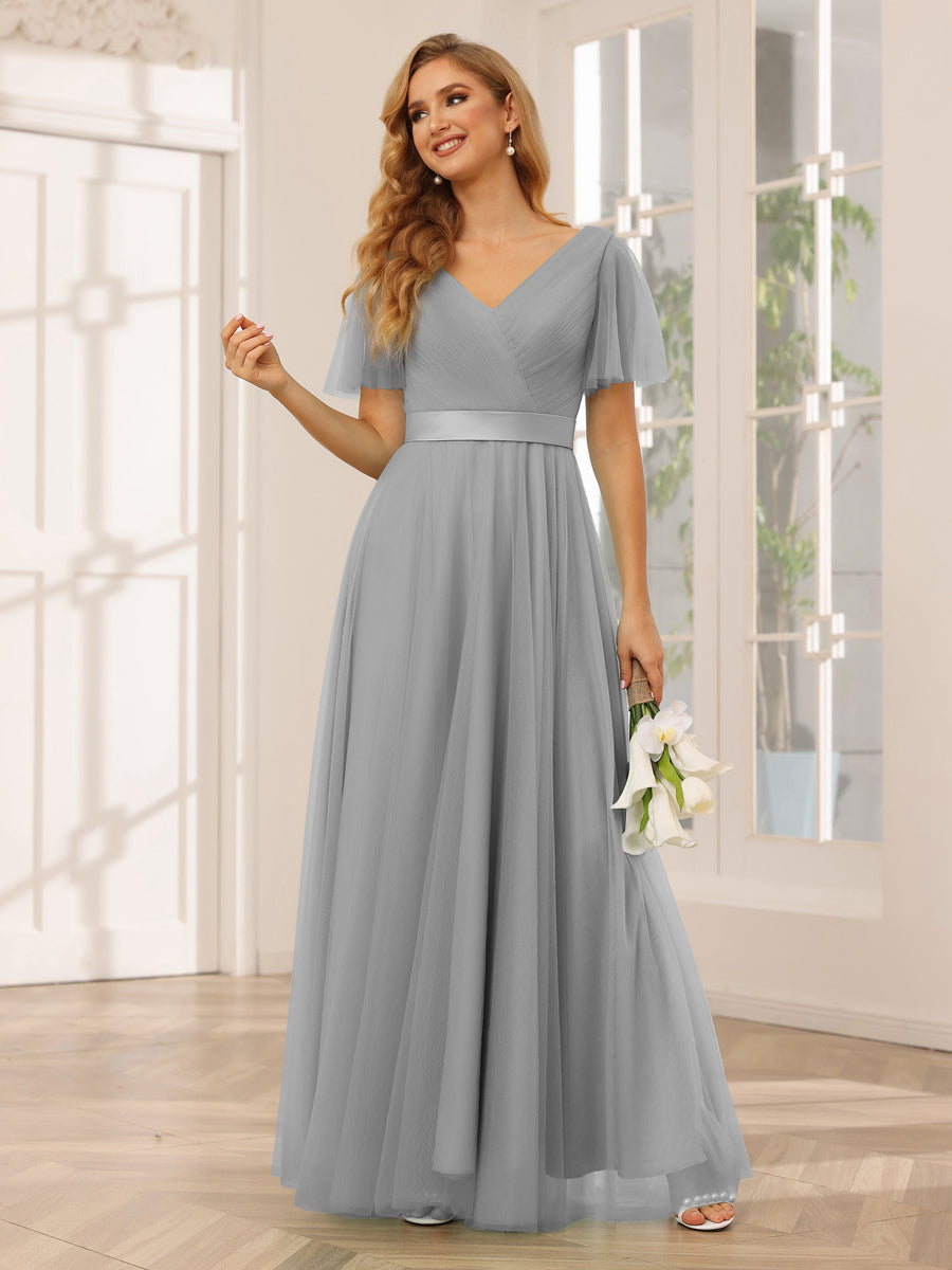 A-Line/Princess Tulle Long Bridesmaid Dresses with Sleeves Silver Gray