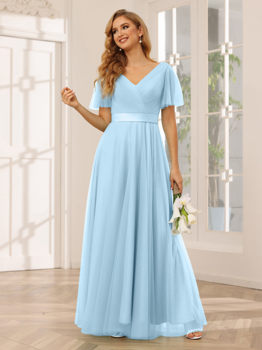 A-Line/Princess Tulle Long Bridesmaid Dresses with Sleeves Sky Blue
