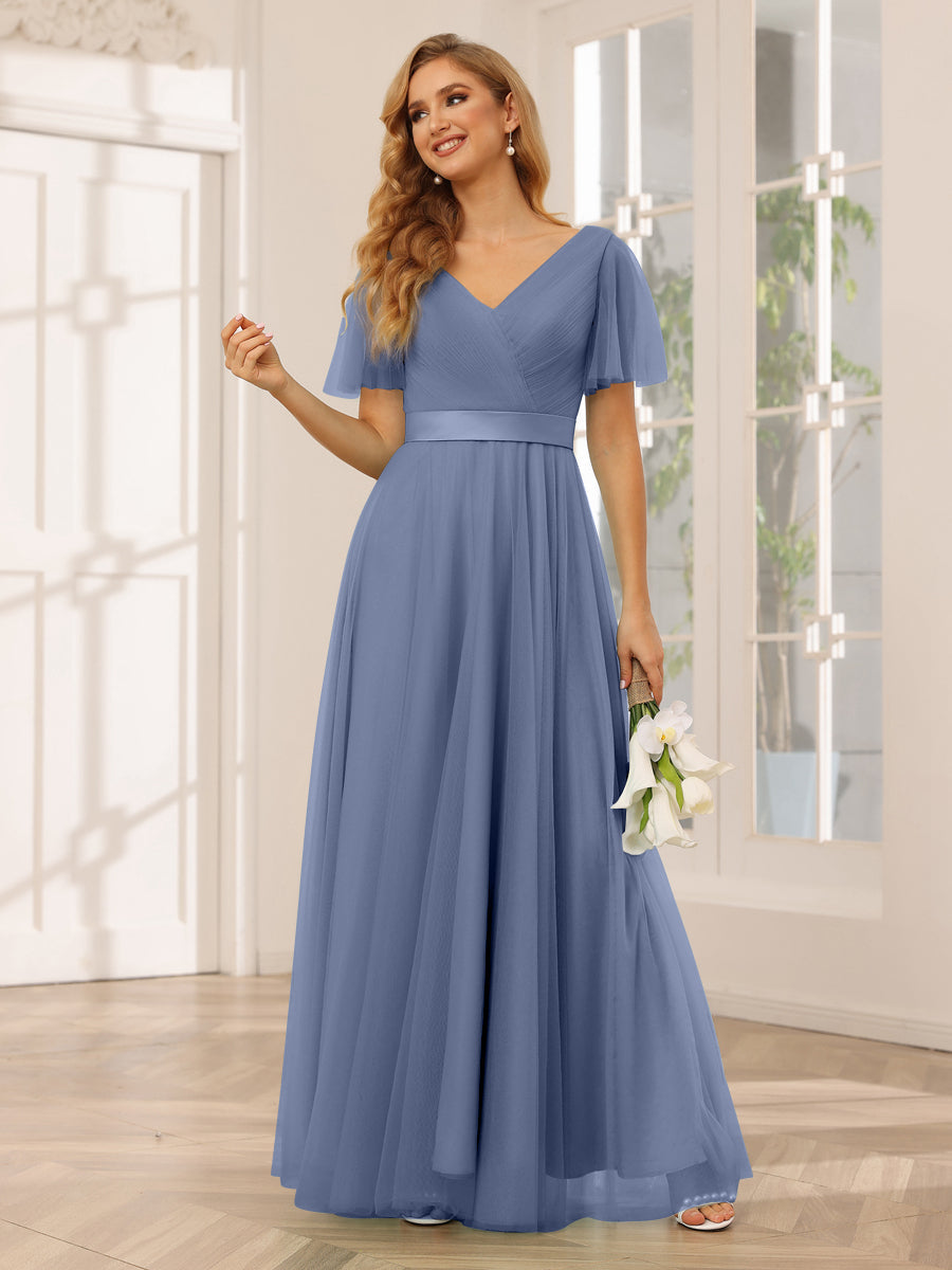 A-Line/Princess Tulle Long Bridesmaid Dresses with Sleeves Steel Blue