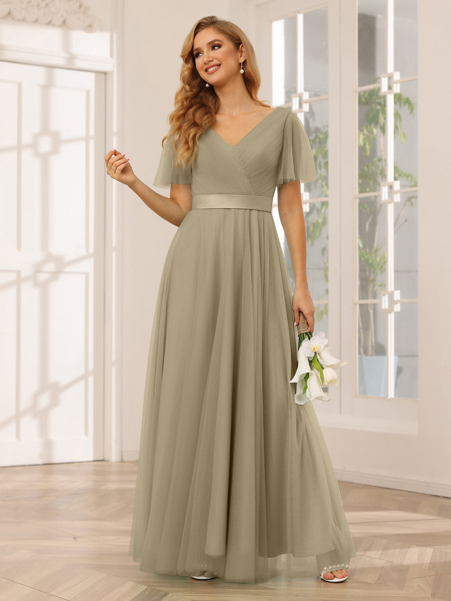 A-Line/Princess Tulle Long Bridesmaid Dresses with Sleeves Taupe