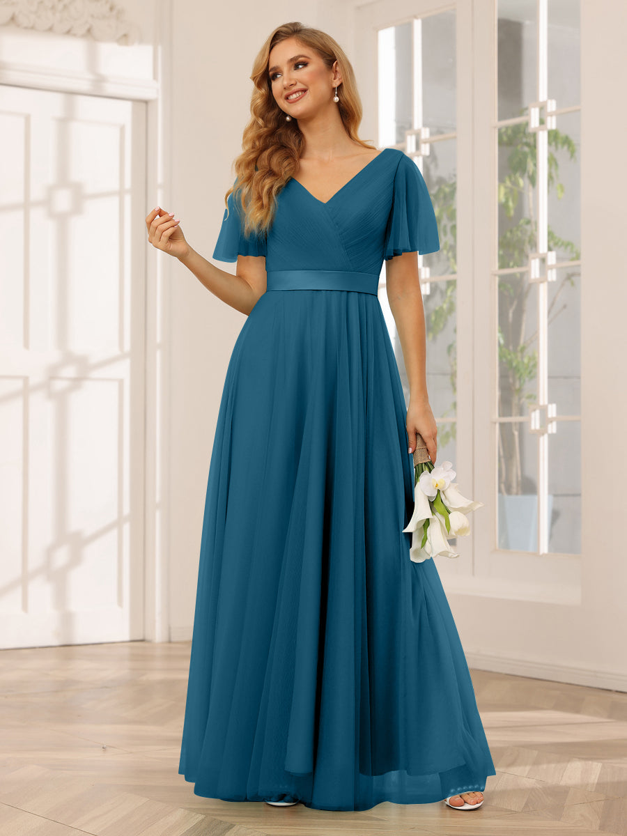A-Line/Princess Tulle Long Bridesmaid Dresses with Sleeves Teal
