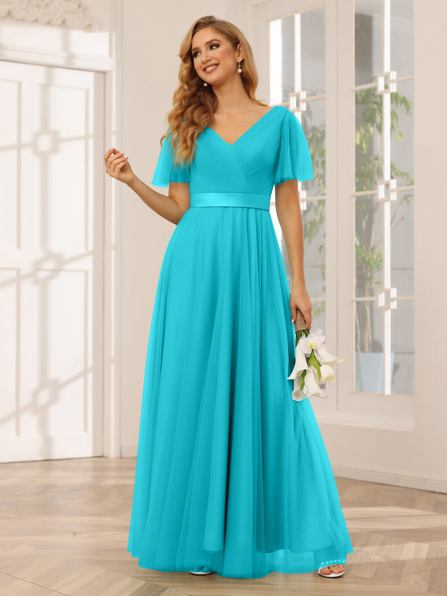 A-Line/Princess Tulle Long Bridesmaid Dresses with Sleeves Turquoise
