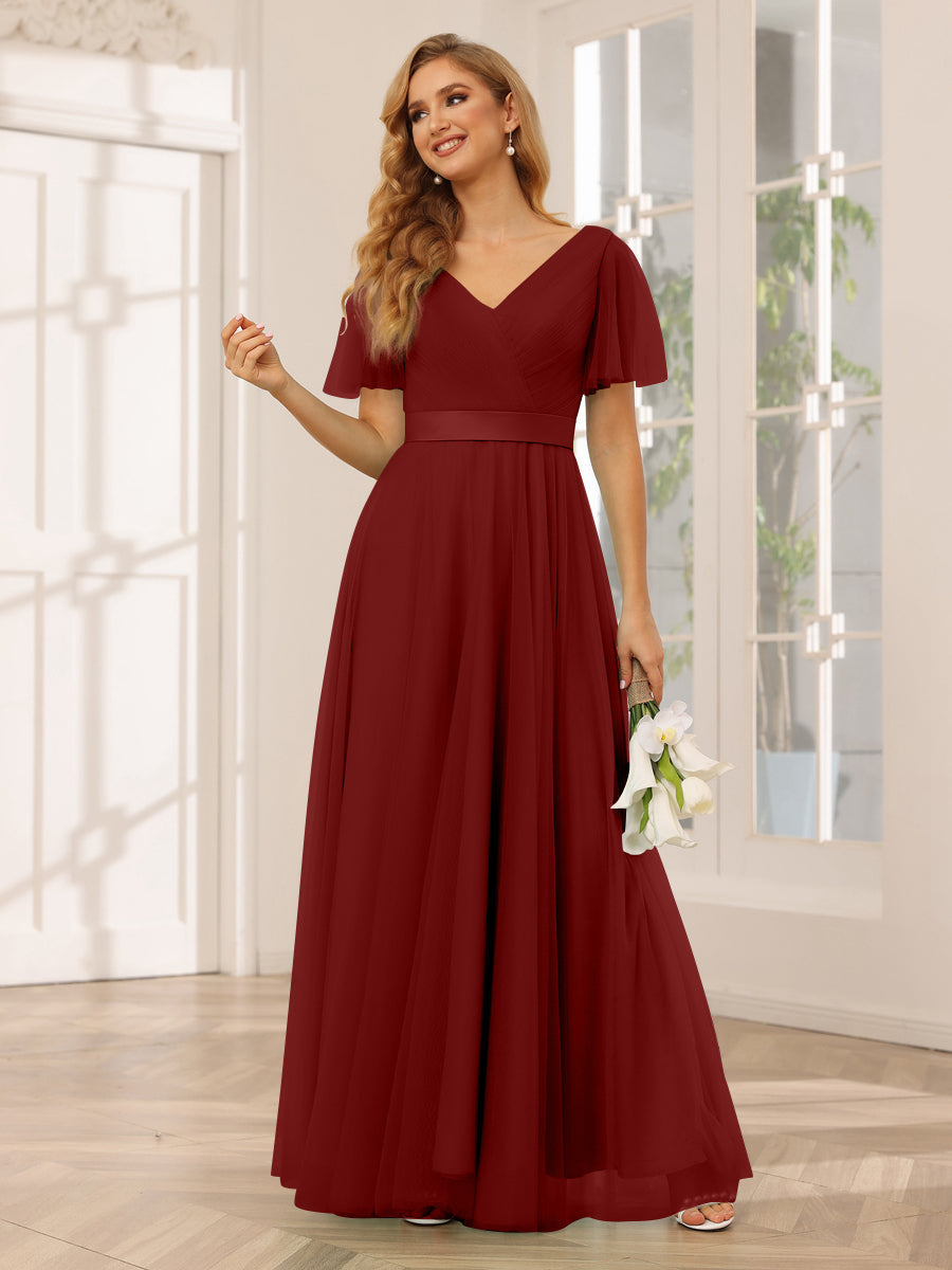 A-Line/Princess Tulle Long Bridesmaid Dresses with Sleeves Wine Red