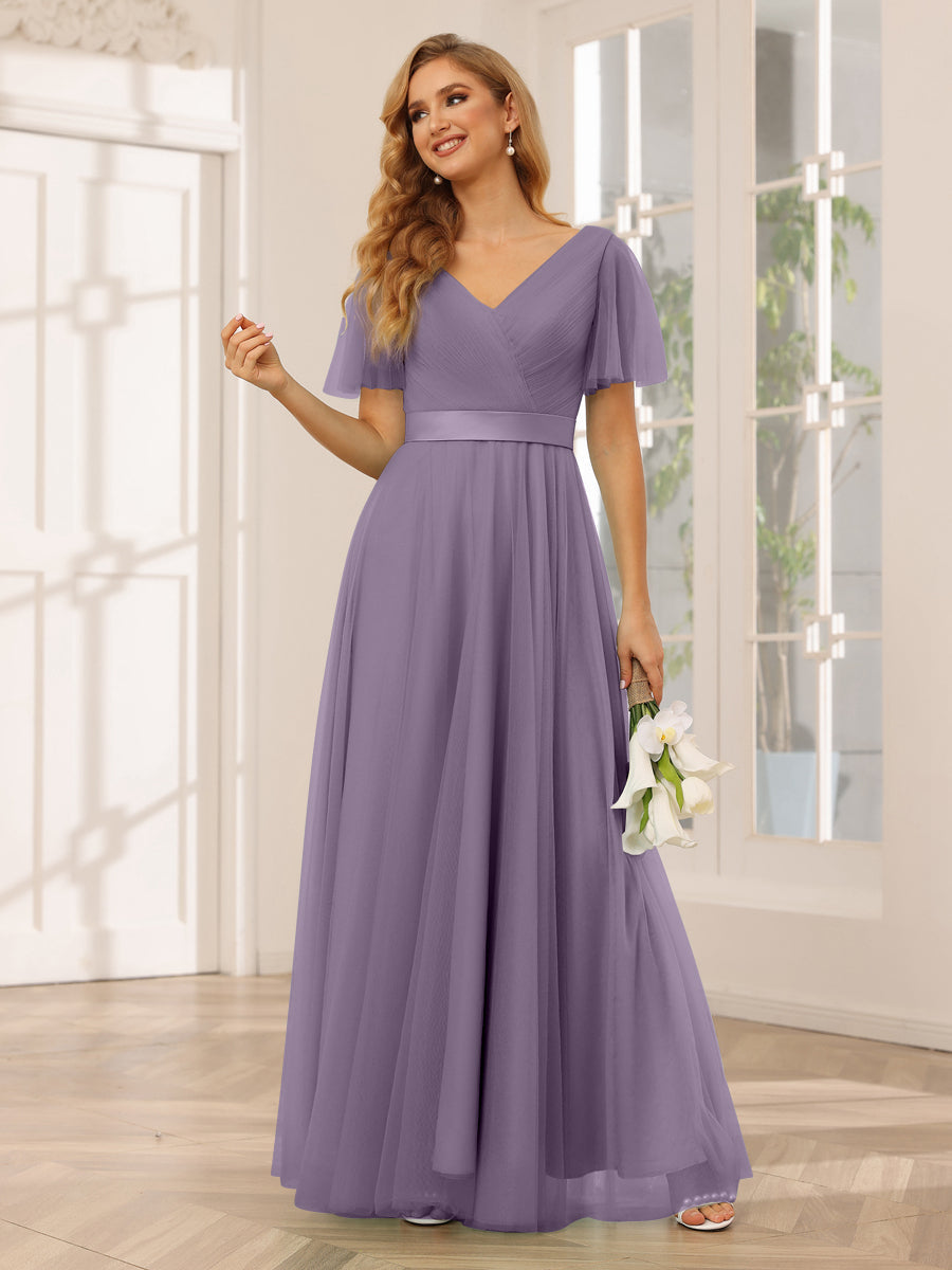 A-Line/Princess Tulle Long Bridesmaid Dresses with Sleeves Wisteria