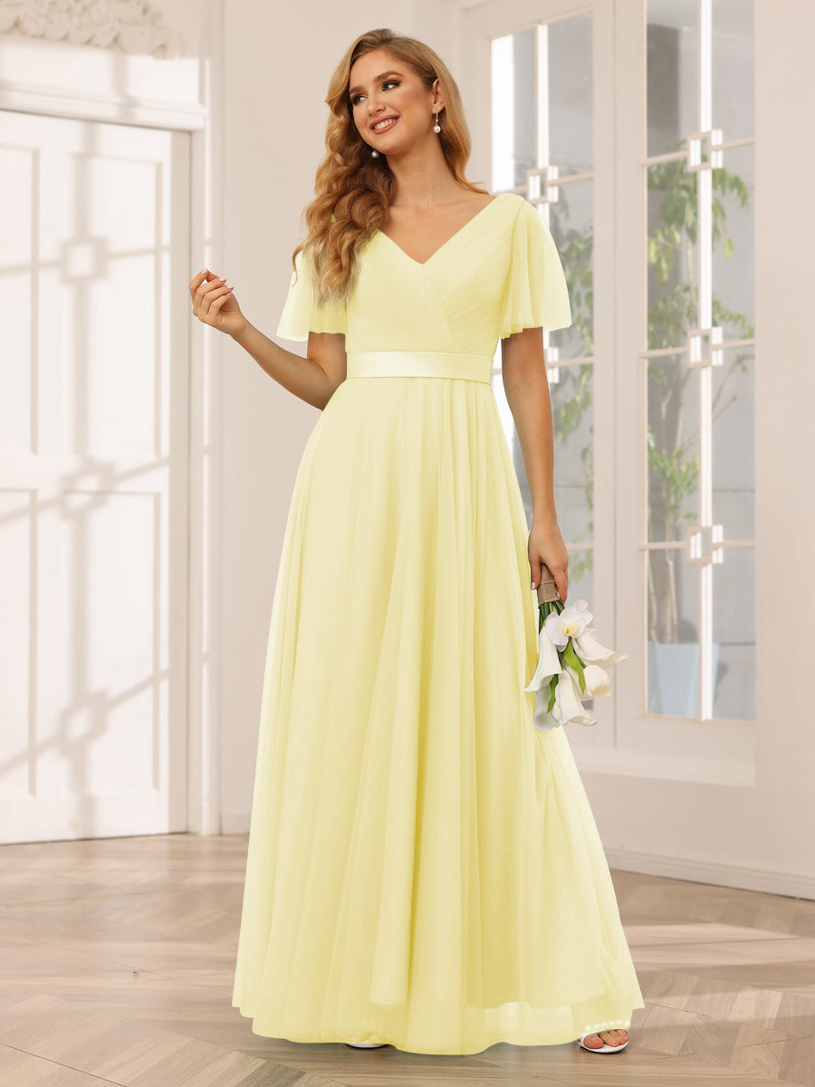 A-Line/Princess Tulle Long Bridesmaid Dresses with Sleeves Yellow
