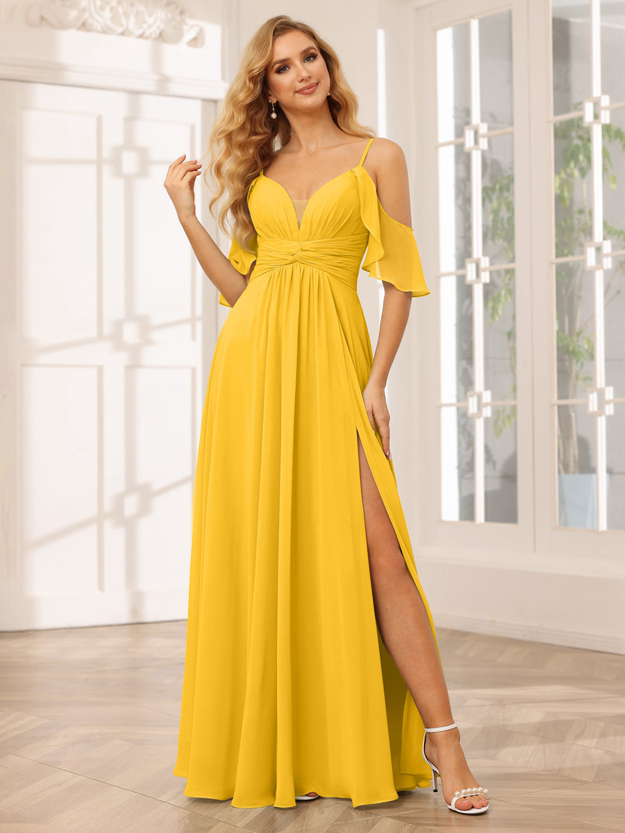 A-Line/Princess Spaghetti Straps V-Neck Long Bridesmaid Dresses with Split Side Gold