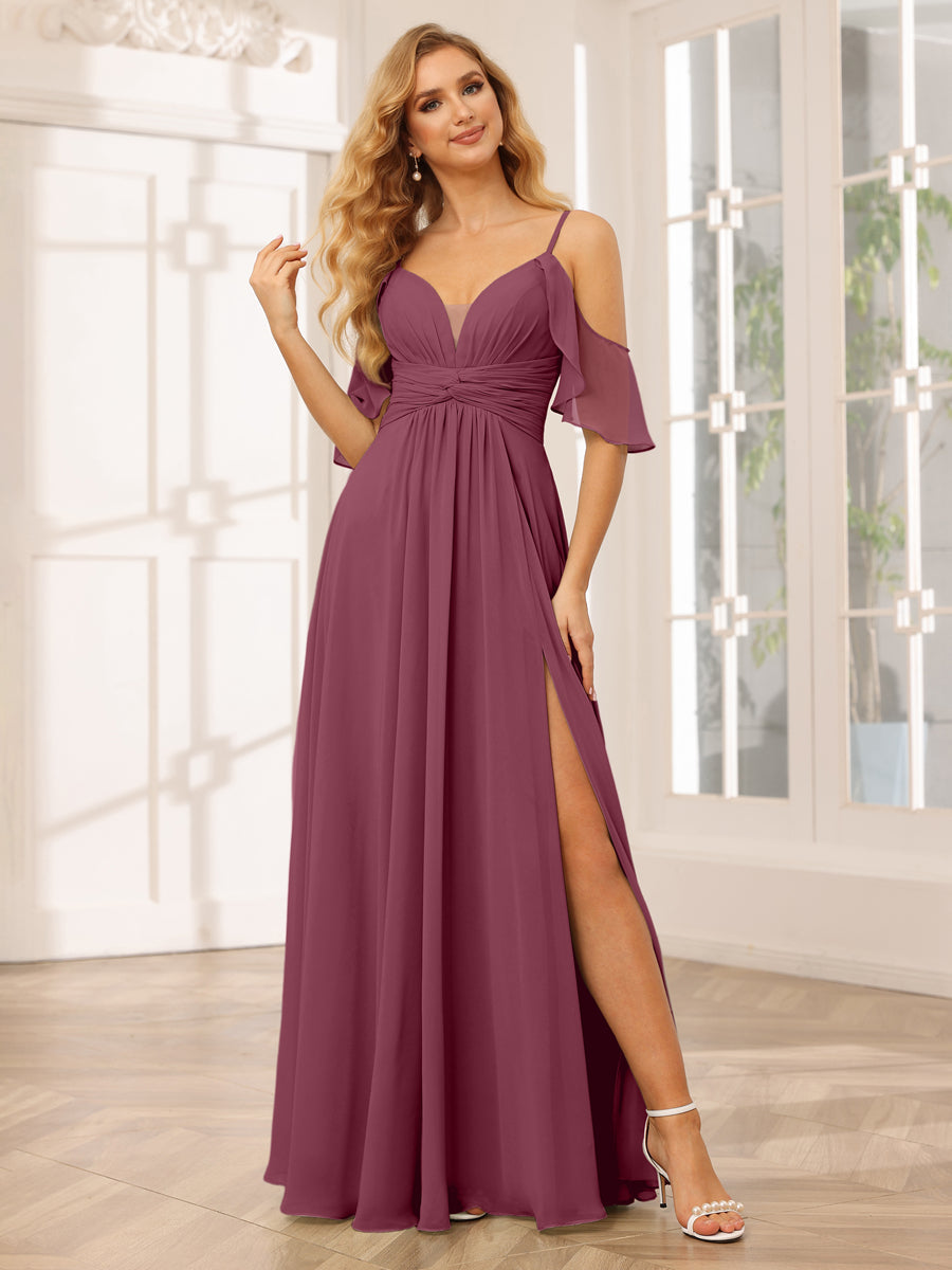 A-Line/Princess Spaghetti Straps V-Neck Long Bridesmaid Dresses with Split Side Mulberry