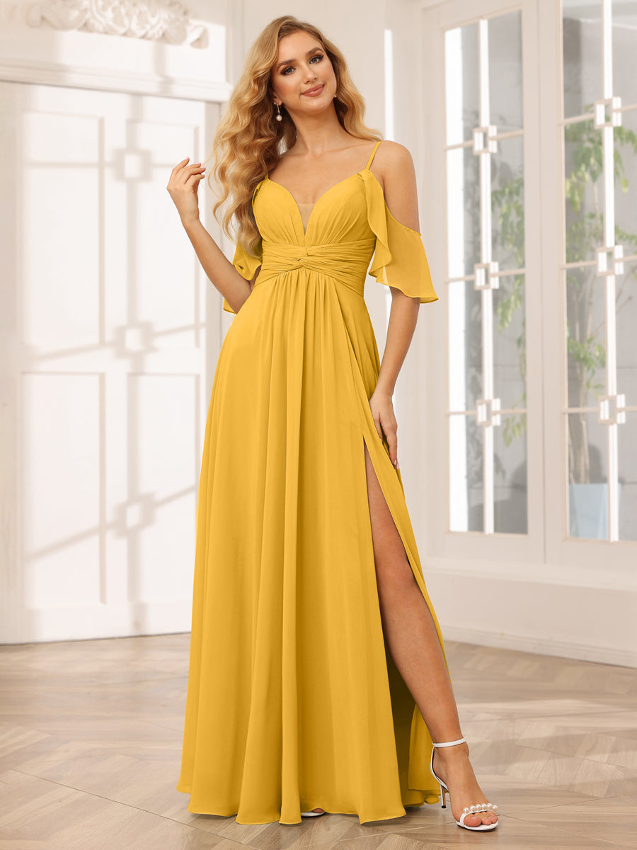 A-Line/Princess Spaghetti Straps V-Neck Long Bridesmaid Dresses with Split Side Mustard Yellow
