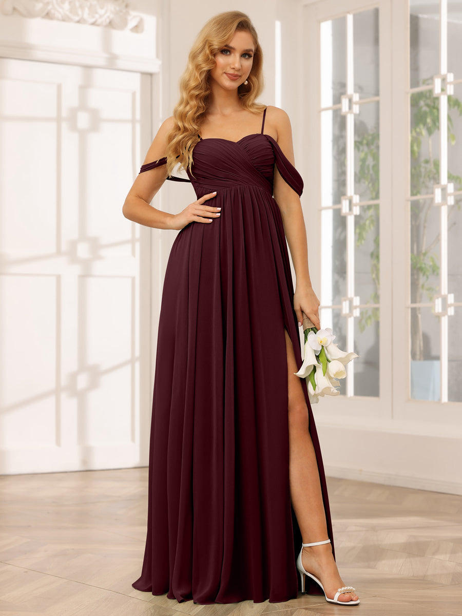 A-Line/Princess Spaghetti Straps Off-The-Shoulder Long Bridesmaid Dresses With Split Side Burgundy
