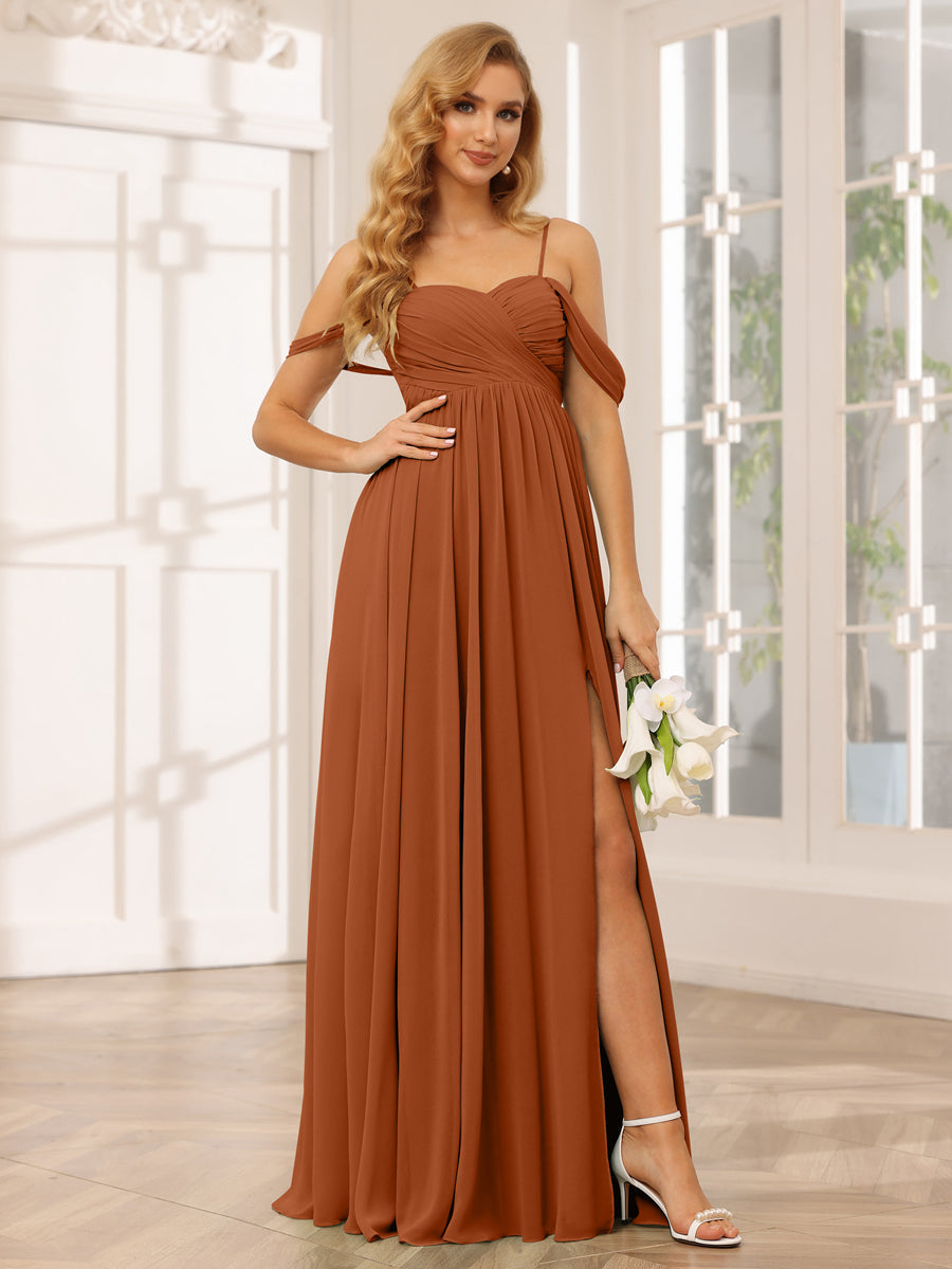A-Line/Princess Spaghetti Straps Off-The-Shoulder Long Bridesmaid Dresses With Split Side Burnt Orange
