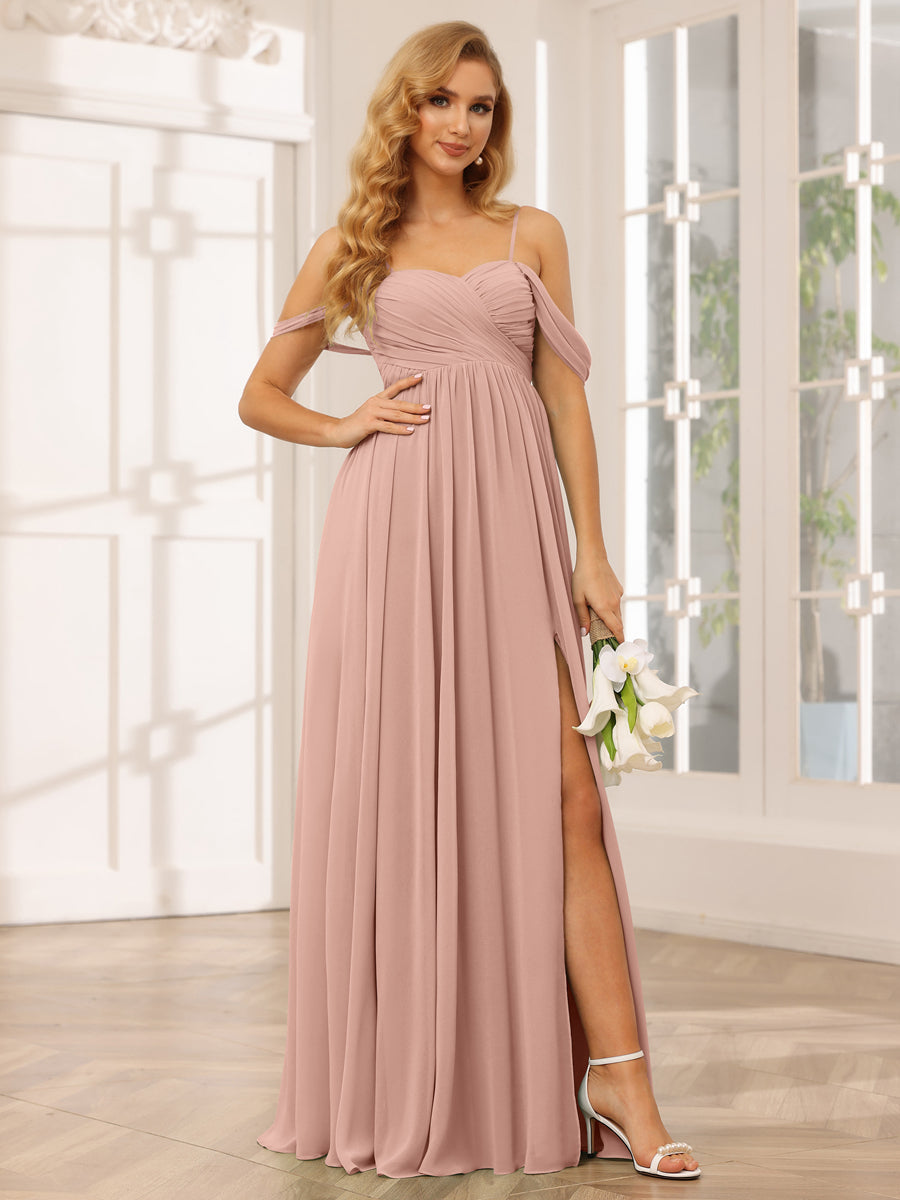 A-Line/Princess Spaghetti Straps Off-The-Shoulder Long Bridesmaid Dresses With Split Side Dusty Rose