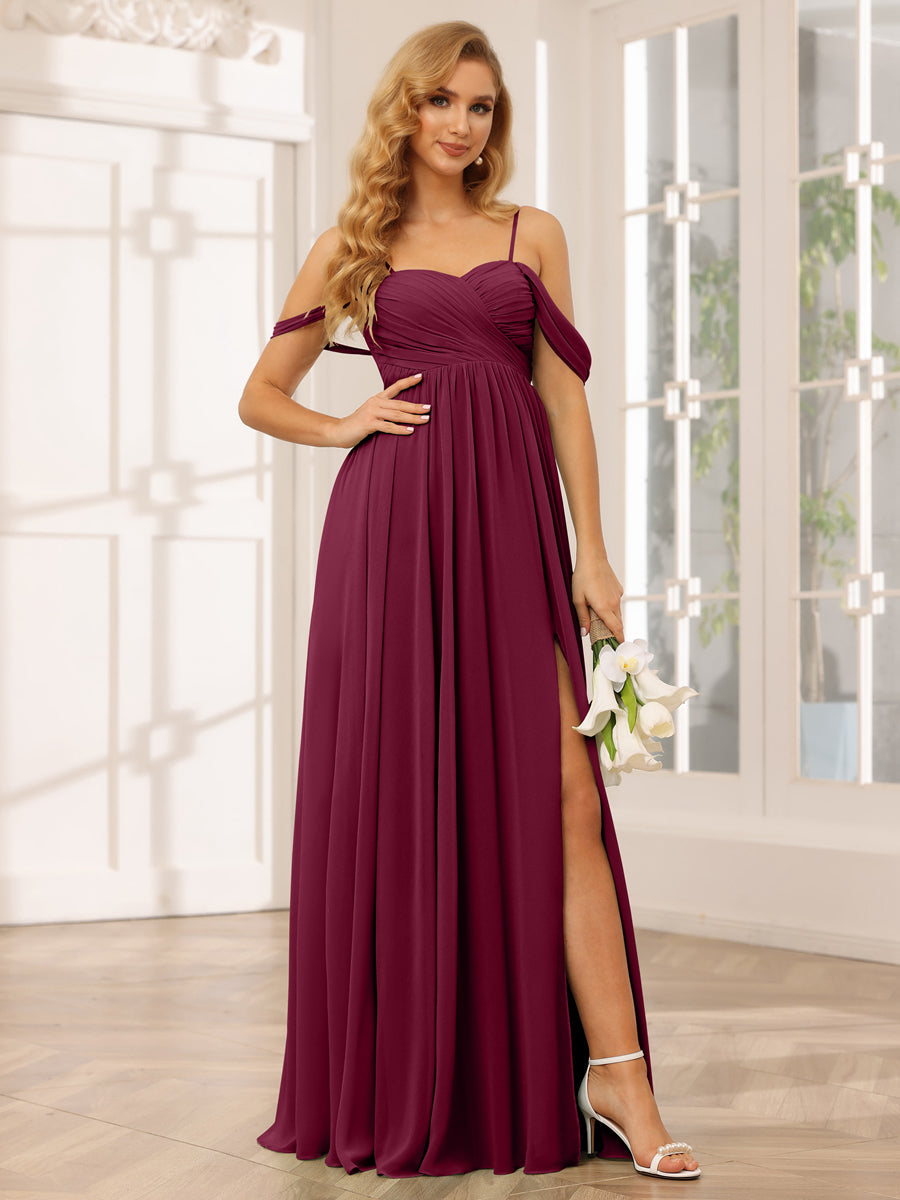 A-Line/Princess Spaghetti Straps Off-The-Shoulder Long Bridesmaid Dresses With Split Side Light Burgundy