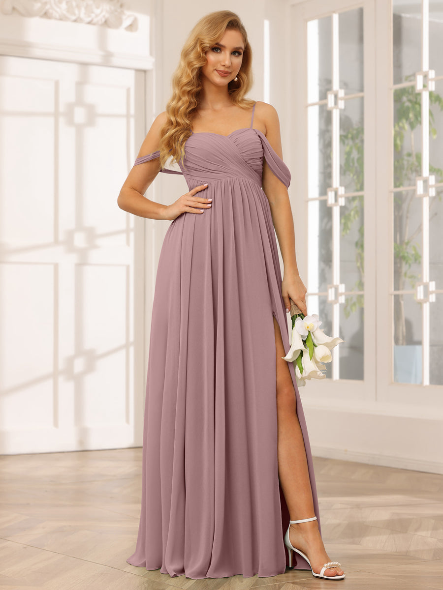 A-Line/Princess Spaghetti Straps Off-The-Shoulder Long Bridesmaid Dresses With Split Side Mauve
