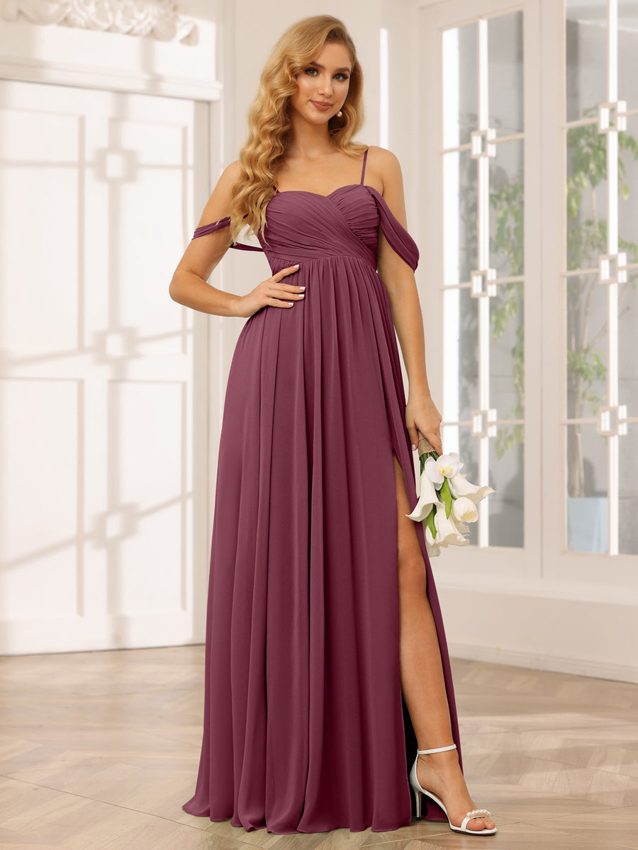 A-Line/Princess Spaghetti Straps Off-The-Shoulder Long Bridesmaid Dresses With Split Side Mulberry