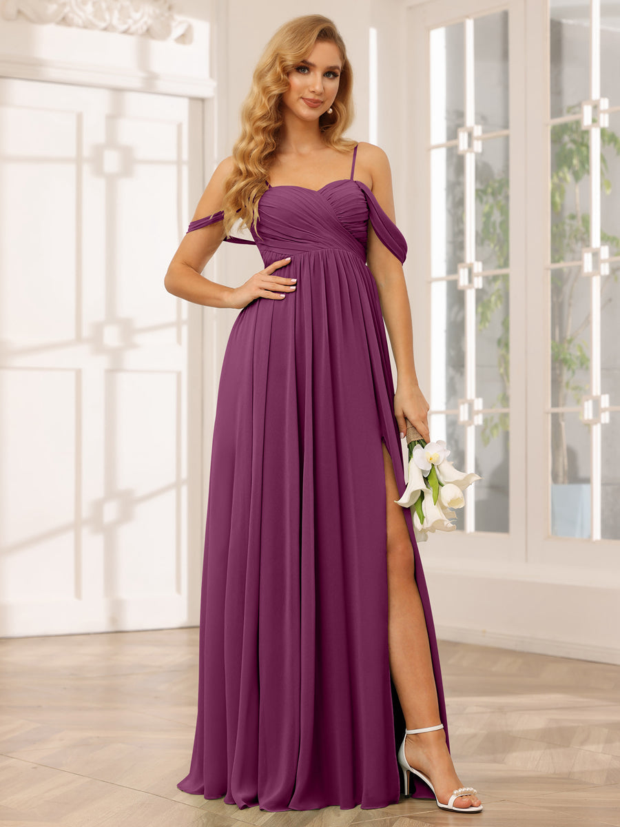 A-Line/Princess Spaghetti Straps Off-The-Shoulder Long Bridesmaid Dresses With Split Side Orchid