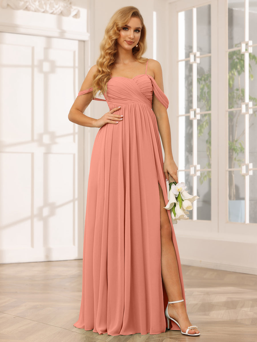 A-Line/Princess Spaghetti Straps Off-The-Shoulder Long Bridesmaid Dresses With Split Side Salmon