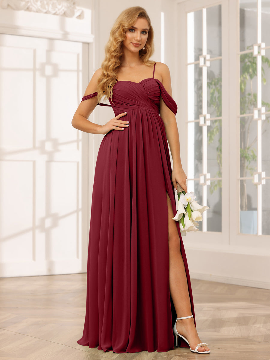A-Line/Princess Spaghetti Straps Off-The-Shoulder Long Bridesmaid Dresses With Split Side Wine Red