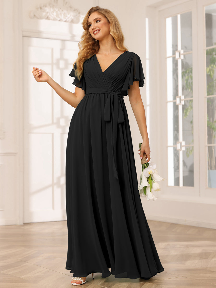 A-Line/Princess V-Neck Short Sleeves Long Bridesmaid Dresses with Sash Black