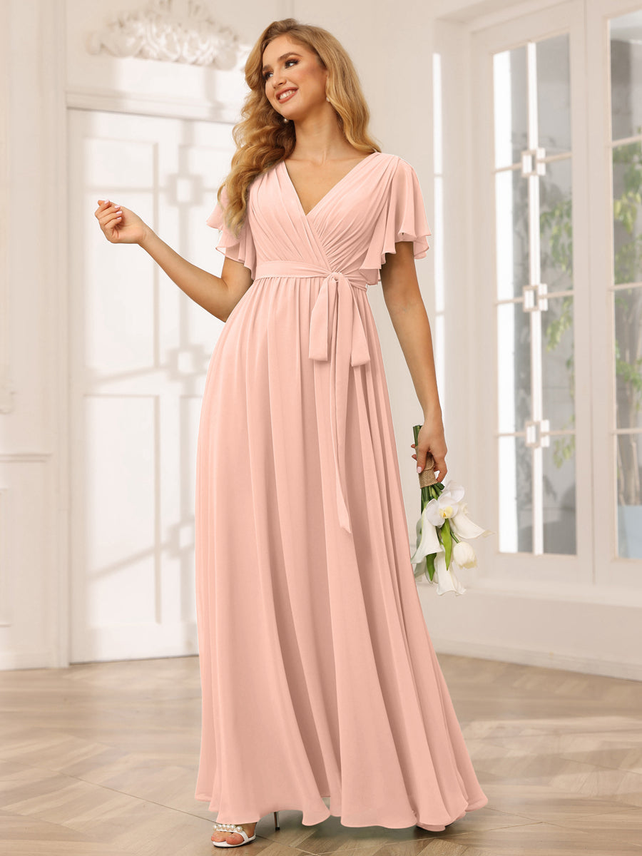 A-Line/Princess V-Neck Short Sleeves Long Bridesmaid Dresses with Sash Blush Pink