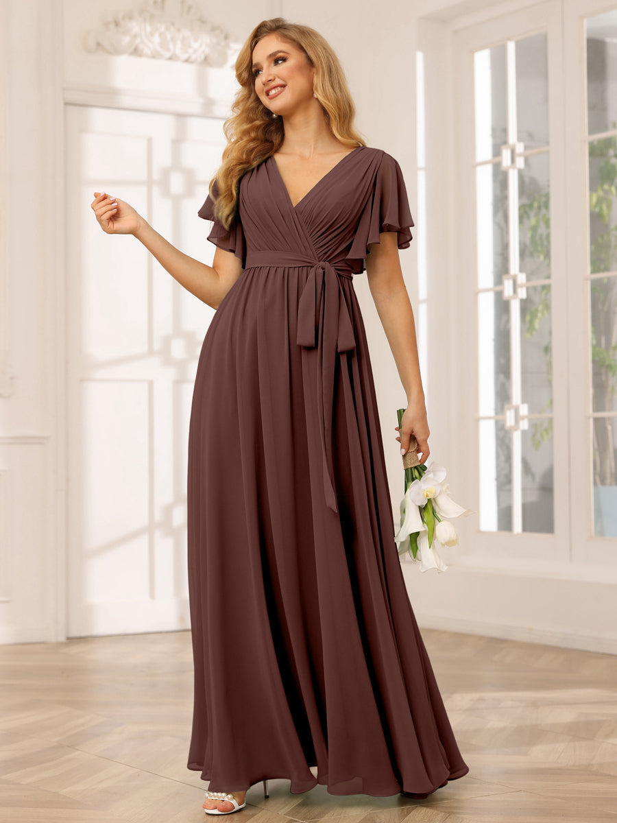 A-Line/Princess V-Neck Short Sleeves Long Bridesmaid Dresses with Sash Brown